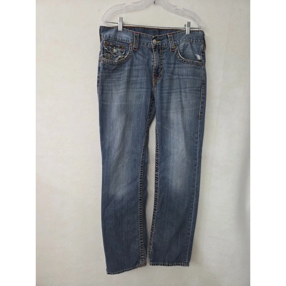 True Religion Straight Flap Jeans Mens 34 Blue Big T Red BRT Straight Leg Denim